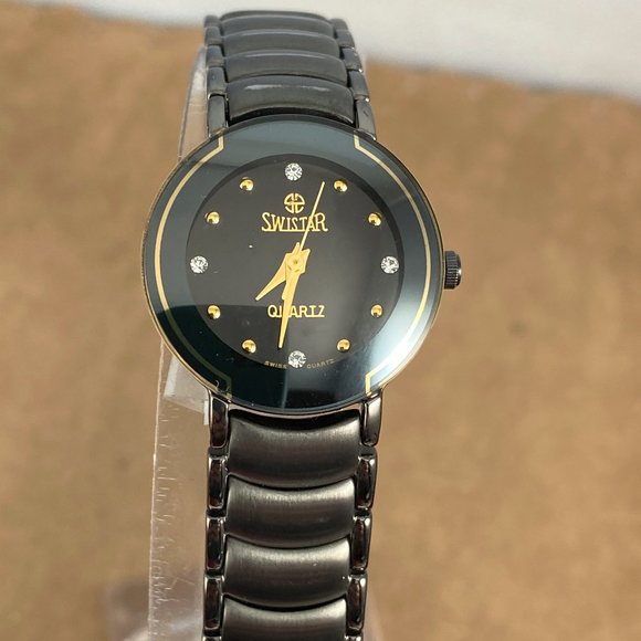 Fabulous Swistar Black Metal Link Crystal Watch - Picture 1 of 9